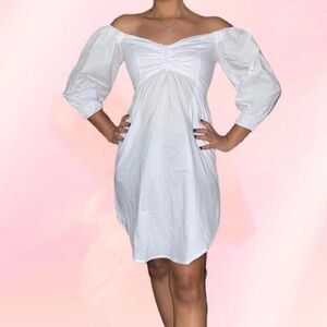 Olivaceous White off the shoulder midi dress